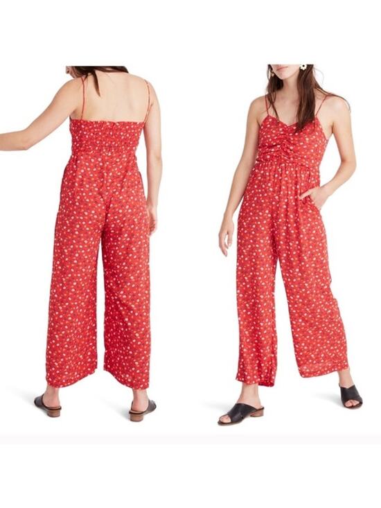 Madewell Pants - Madewell Prairie Posies Ruched Wide Leg Jumpsuit Women's 24 Red Floral L2400